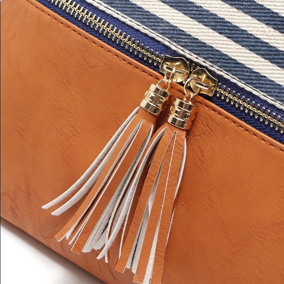 Navy Striped Cognac Faux Leather Crossbody Bag - Picture 9 of 12